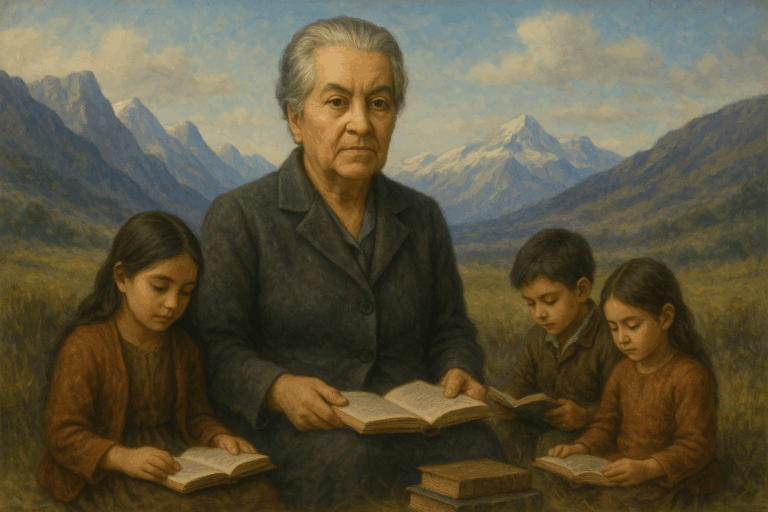 Retrato artístico de Gabriela Mistral en un paisaje andino, con libros y niños a su alrededor.