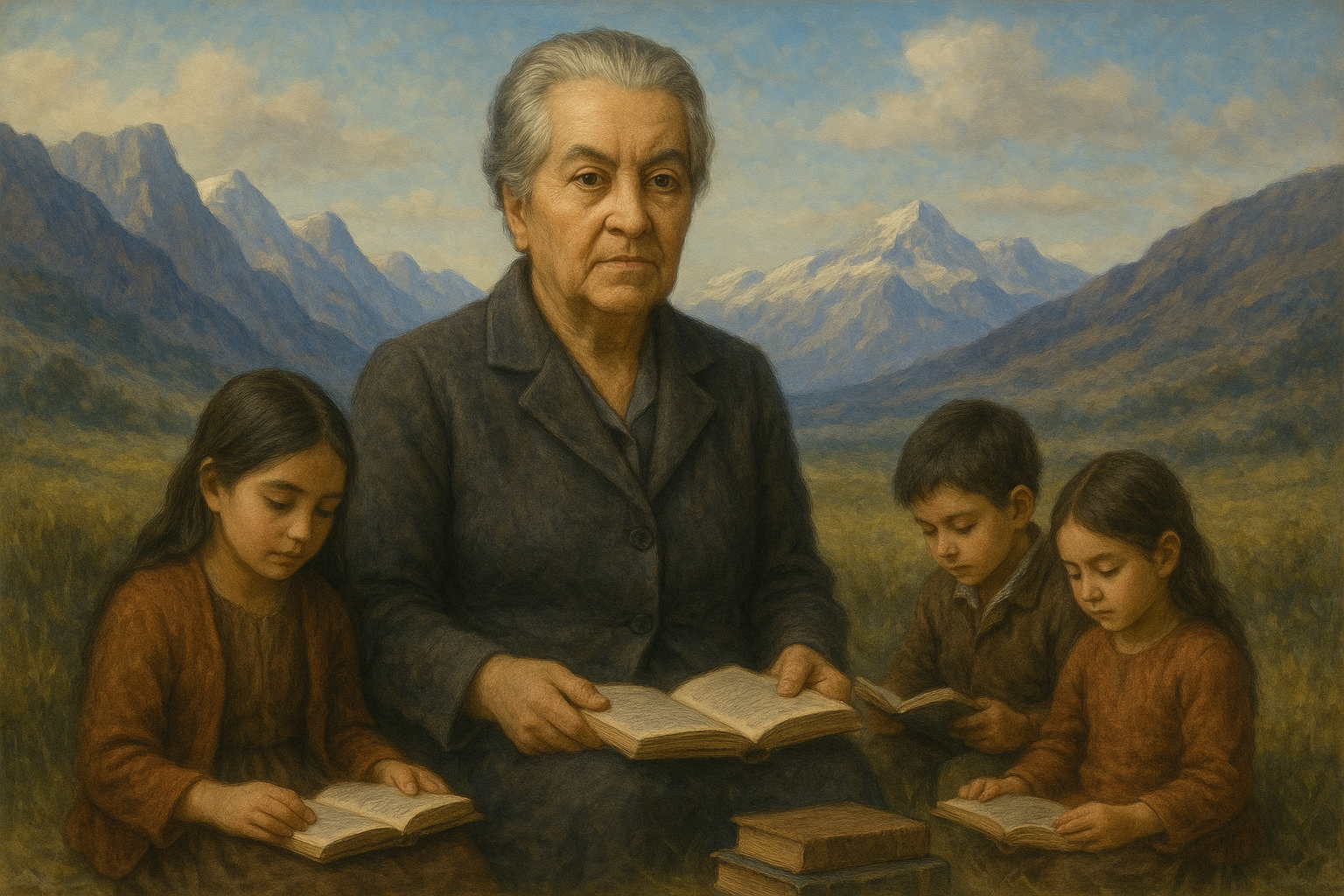 Retrato artístico de Gabriela Mistral en un paisaje andino, con libros y niños a su alrededor.