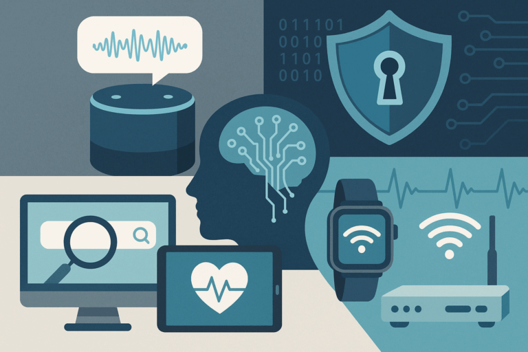 Collage tecnológico que muestra asistentes de voz, ciberseguridad, salud digital, motores de búsqueda y dispositivos IoT