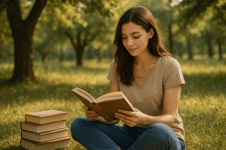 Mujer leyendo un libro en un entorno natural, rodeada de libros y tranquilidad