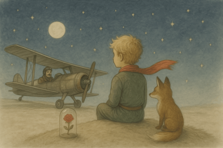 Ilustración de El Principito con la flor y el zorro en un paisaje estrellado