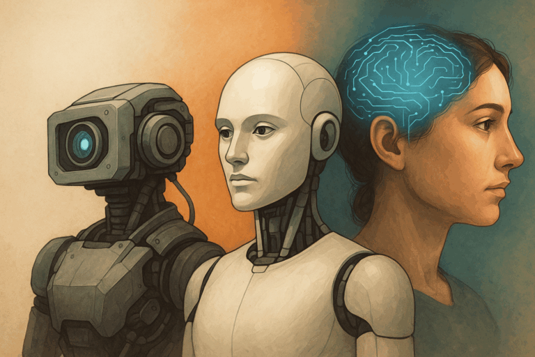 Representación artística de los tipos de Inteligencia Artificial desde lo mecánico hasta lo humano
