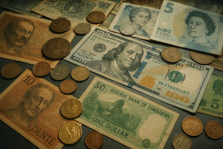 Billetes y monedas antiguas y modernas esparcidos sobre una mesa, en distintos estilos y colores.