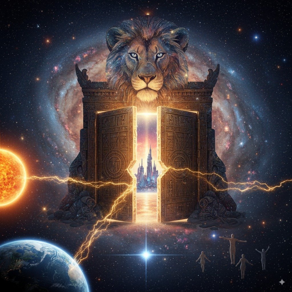 Ilustración mística del Portal del León con el sol, la Tierra y la estrella Sirio alineados en un cielo estrellado.