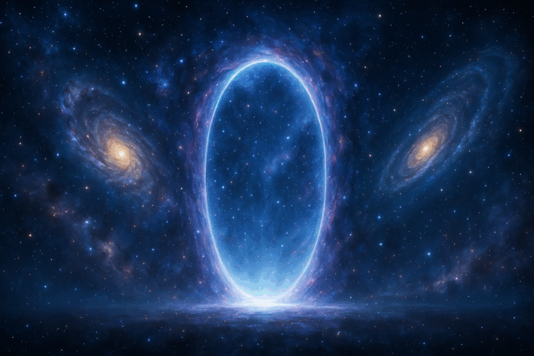 Ilustración artística de un portal cósmico rodeado de estrellas y galaxias, simbolizando el tránsito entre mundos.