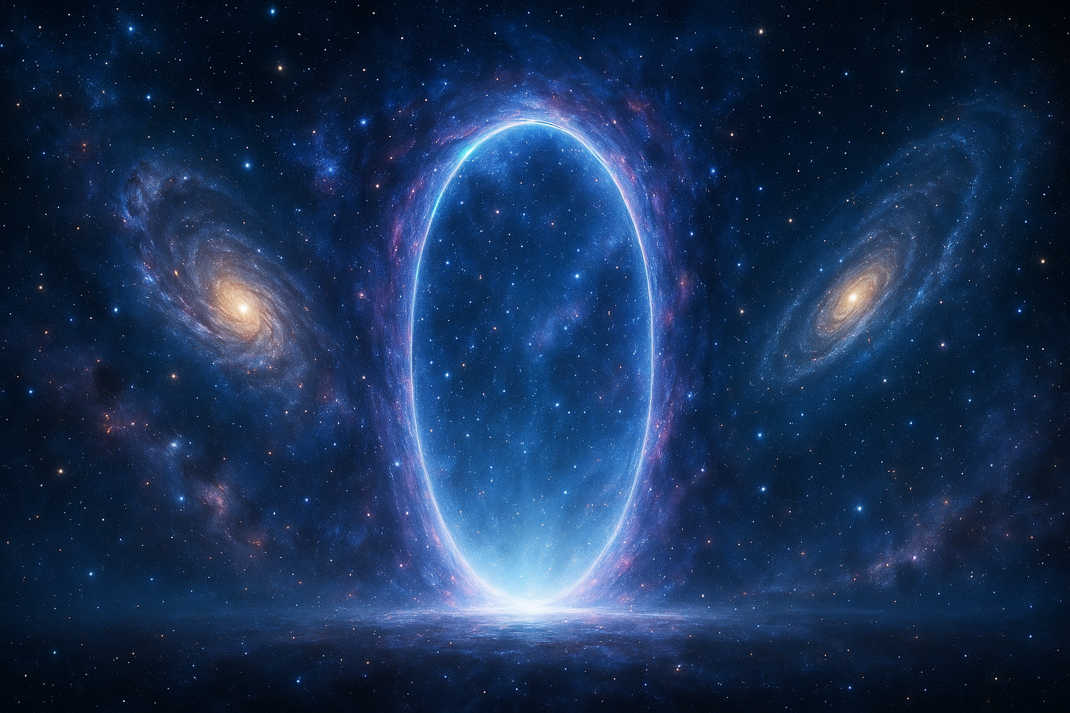 Ilustración artística de un portal cósmico rodeado de estrellas y galaxias, simbolizando el tránsito entre mundos.