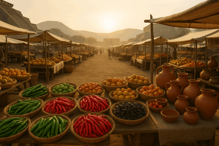 Vista panorámica del mercado tolteca de Tollan al amanecer, con puestos de pimientos, frutas y cerámica tradicional bajo una luz dorada mesoamericana.