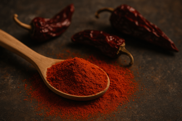 Polvo de pimentón rojo sobre una cuchara de madera, acompañado de pimientos secos.
