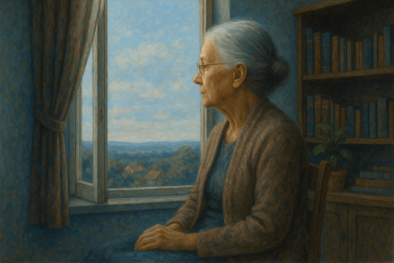 Mujer mayor contemplando el atardecer desde su ventana, con expresión serena y reflexiva, símbolo de soledad acompañada.