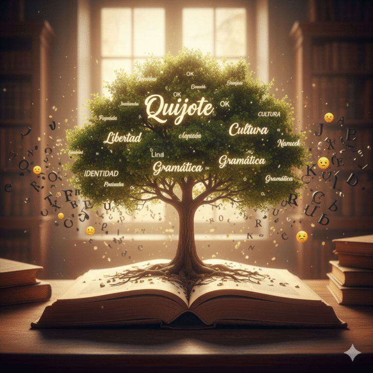 Libro abierto con páginas que se transforman en un árbol cuyas raíces son palabras en español, simbolizando el enriquecimiento y el cuidado del idioma frente a la corrupción lingüística.