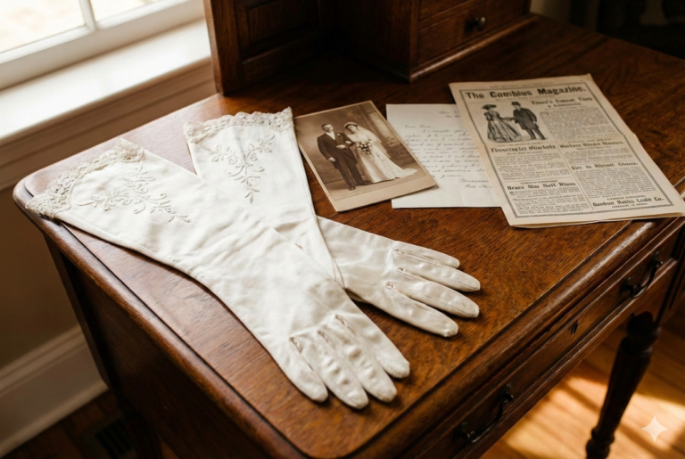 Primer plano de guantes largos de seda blanca con bordados finos sobre una mesa de madera antigua con fotografías sepia y un periódico vintage.