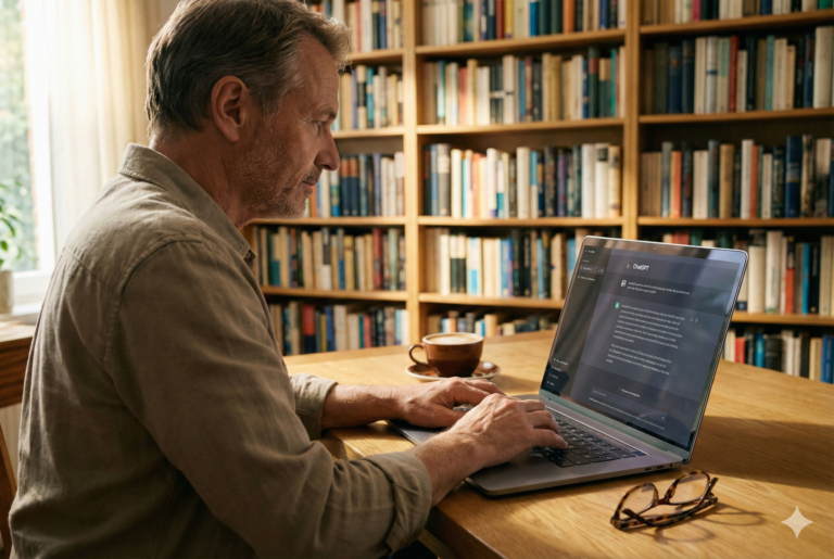 Manos de una persona escribiendo en una computadora portátil con una interfaz de chat de inteligencia artificial en la pantalla, en un ambiente de estudio cálido.