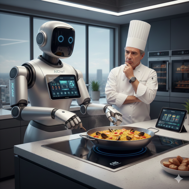 Robot de cocina avanzado con inteligencia artificial preparando una paella frente a la mirada escéptica de un chef profesional en una cocina moderna.