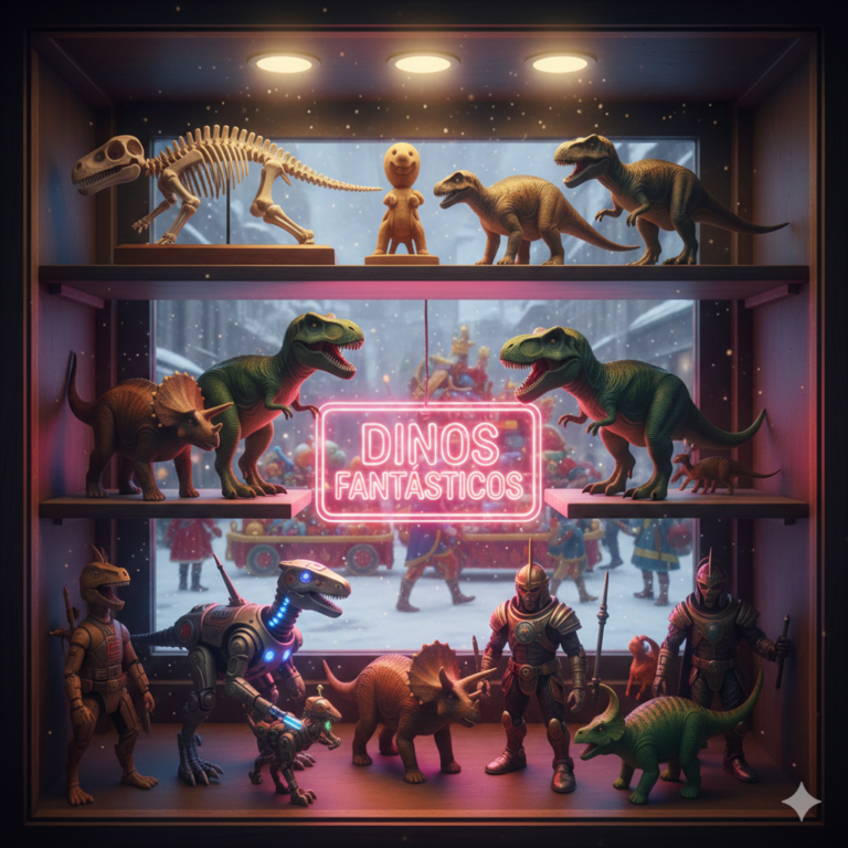 Vitrina de madera con figuras de dinosaurios y prehistoria, juguetes diversos y esqueletos fósiles con un fondo navideño de fondo.