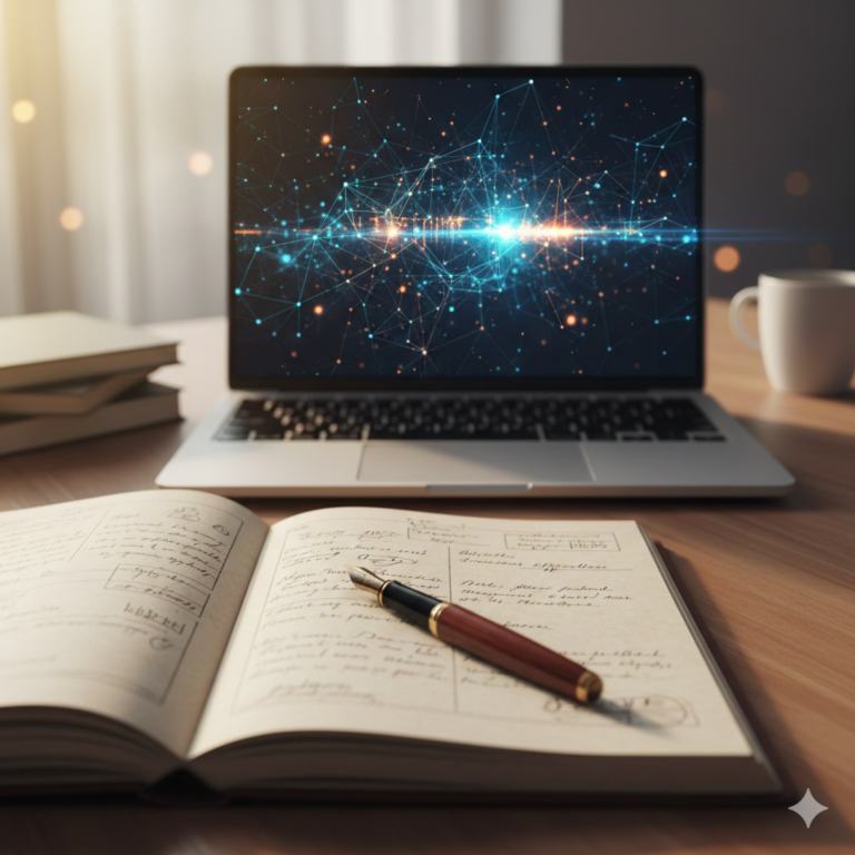 Una persona mayor escribiendo con interés en una libreta de pasta dura junto a una computadora moderna que muestra redes neuronales brillantes.