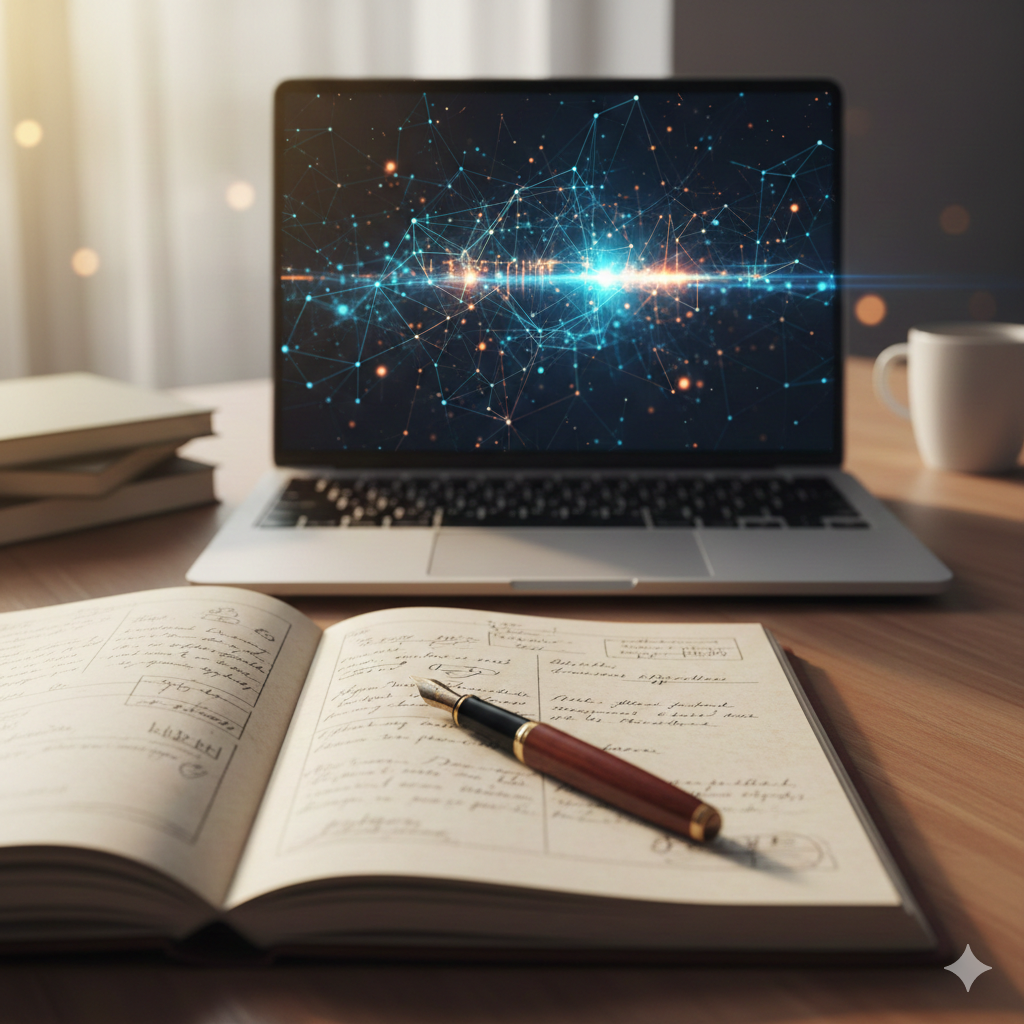 Una persona mayor escribiendo con interés en una libreta de pasta dura junto a una computadora moderna que muestra redes neuronales brillantes.