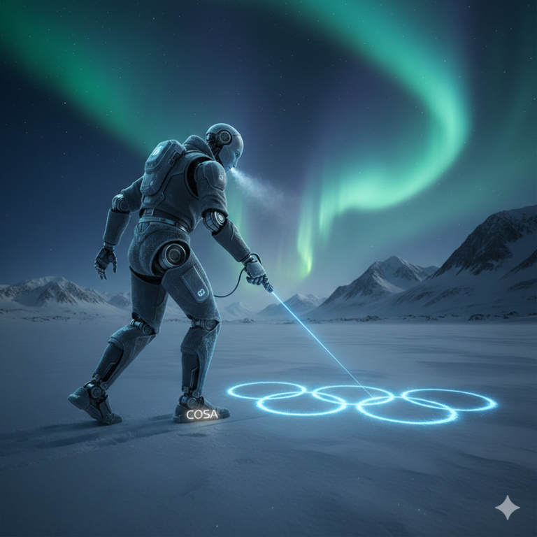 Un robot humanoide de aspecto futurista con movimientos fluidos en un entorno de nieve extrema, dibujando los aros olímpicos en el hielo. La imagen refleja la avanzada tecnología de COSA.