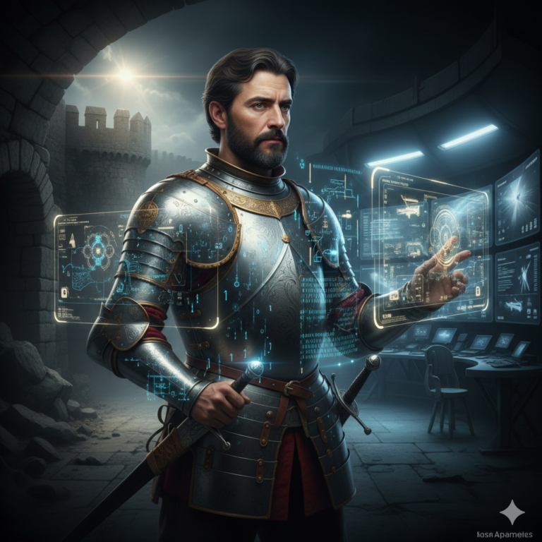 Retrato artístico de Gonzalo Fernández de Córdoba fusionado con circuitos digitales y hologramas de datos militares modernos.