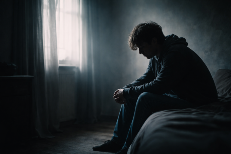 Persona en penumbra mirando al vacío, simbolizando la lucha interna de la depresión y su complejidad emocional