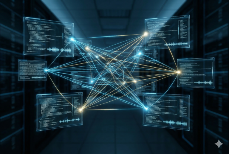 Representación artística de múltiples flujos de datos y nodos de luz interconectados en una red neuronal digital, simbolizando inteligencias artificiales conversando en una red social propia.