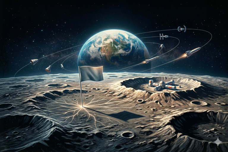 Ilustración artística de estilo retro-futurista que muestra una bandera genérica plantada en el suelo lunar texturizado, con la Tierra visible al fondo y naves espaciales orbitando, evocando la pregunta sobre la soberanía lunar.