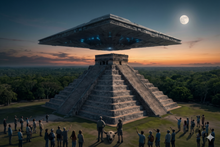Fotografía cinematográfica de una gran nave espacial triangular sobre la pirámide de Chichén Itzá, México, con figuras humanas asombradas en primer plano y un cráneo de bisonte antiguo en la tierra, bajo un cielo crepuscular con luna llena. Un avistamiento de ovnis y extraterrestres.