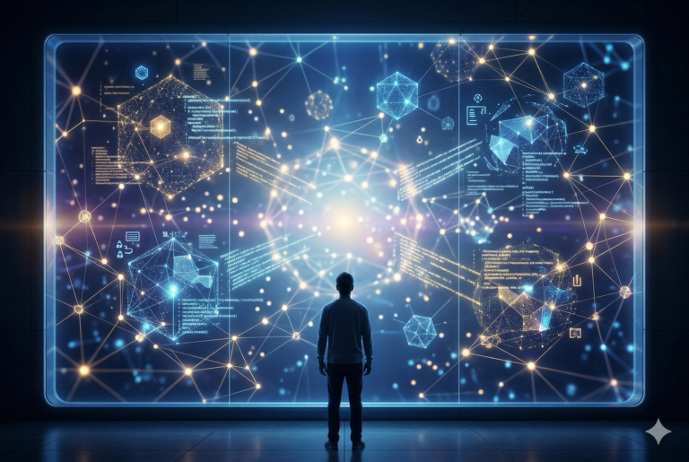Representación artística de un humano observando un ecosistema digital complejo donde nodos de luz interactúan, simbolizando la comunicación entre sistemas de Inteligencia Artificial.