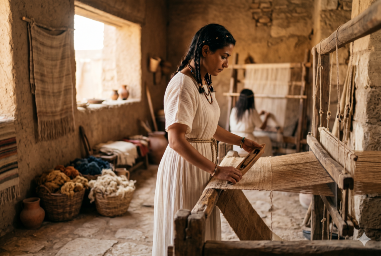 Pintura artística de una mujer en el antiguo Egipto vistiendo un kalasiris blanco semitransparente junto a telares ancestrales de lana.