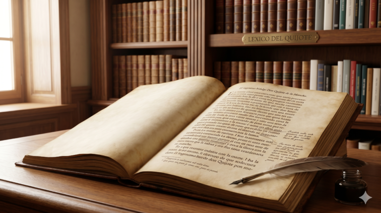Un libro antiguo abierto sobre una mesa de madera con una pluma y tinta, ilustrando el léxico de 'El Quijote' para una entrada de blog.