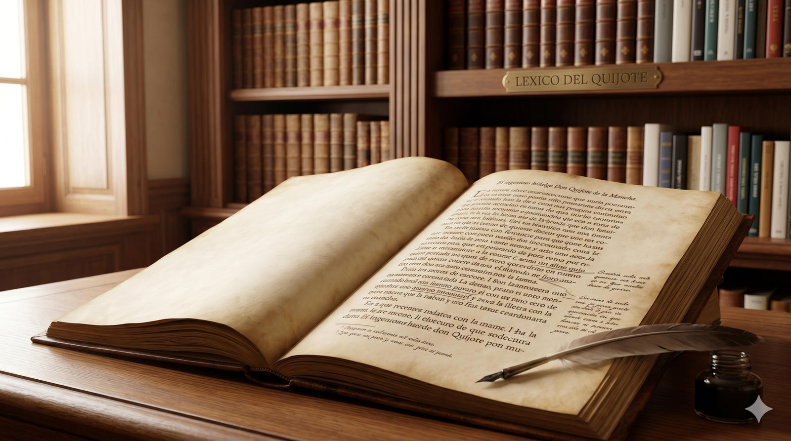 Un libro antiguo abierto sobre una mesa de madera con una pluma y tinta, ilustrando el léxico de 'El Quijote' para una entrada de blog.