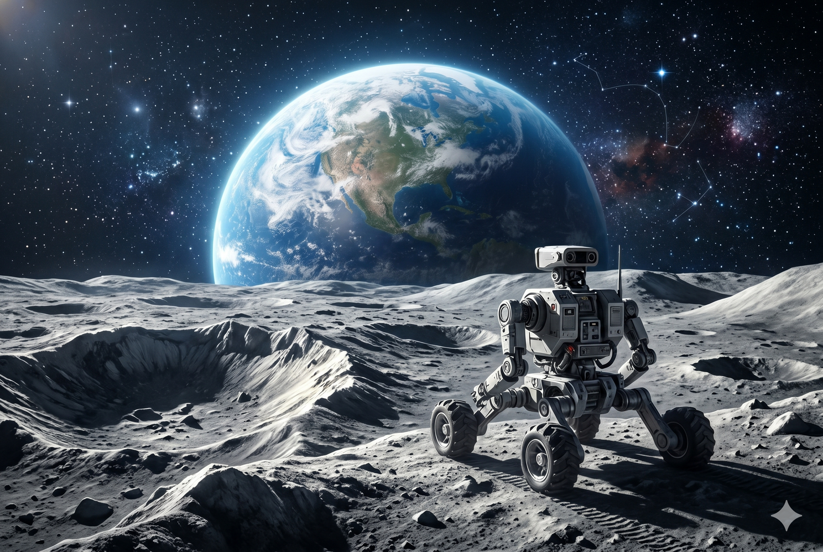Ilustración artística que contrasta la exploración lunar tecnológica con la sensibilidad humana, mostrando un robot humanoide avanzado en el suelo lunar texturizado y, de fondo, la Tierra y constelaciones brillantes.