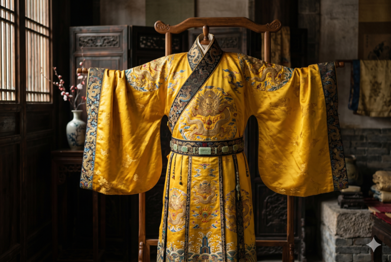 Túnica imperial tradicional china de seda color amarillo con bordados detallados y amplias mangas de la dinastía Han.