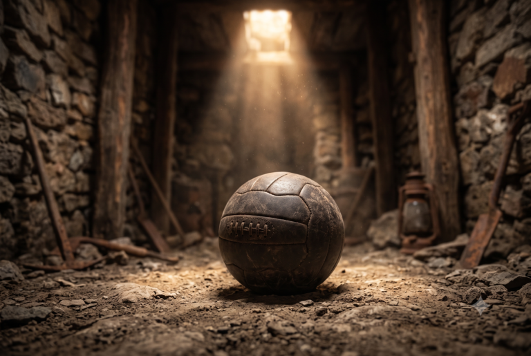 Primer plano fotorrealista de un balón de fútbol de cuero clásico sobre la tierra de una mina antigua, con luz dramática de atardecer.