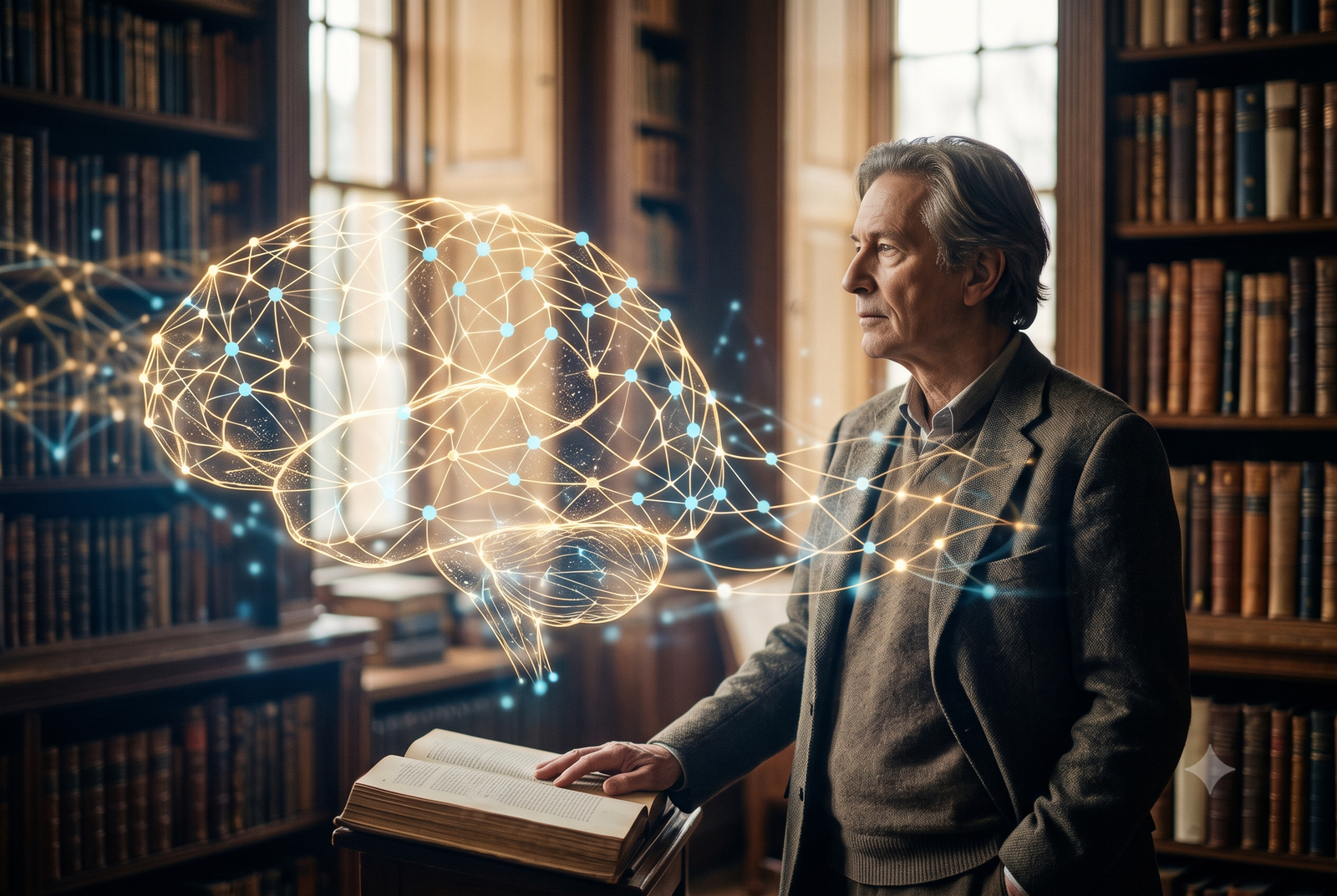 Silueta humana contemplando una luz digital sobre inteligencia artificial y la condicion humana