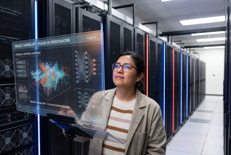 Silueta humana observando la interfaz luminosa de la supercomputadora Aurora reflejando constelaciones de datos científicos.