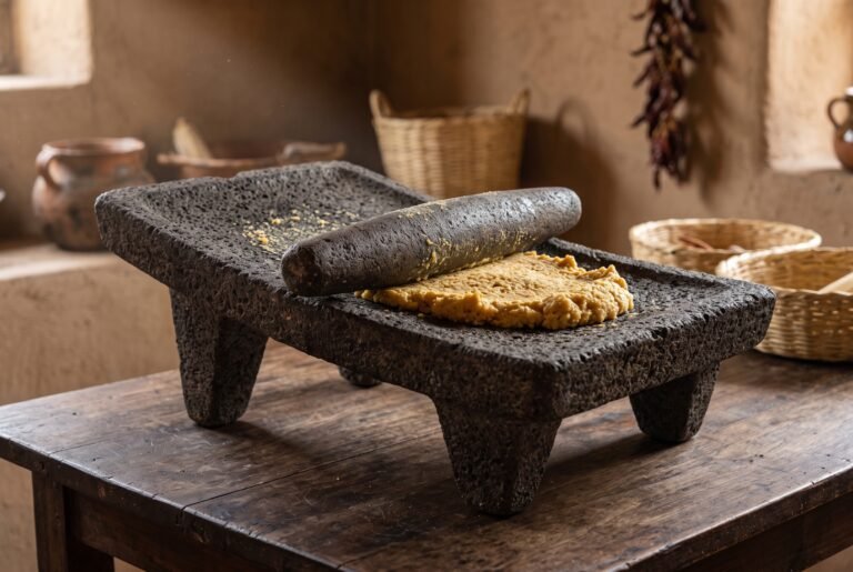 Primer plano de un metate tradicional de piedra volcánica con metlapil moliendo masa de maíz, sobre una mesa de madera rústica en una cocina de adobe.