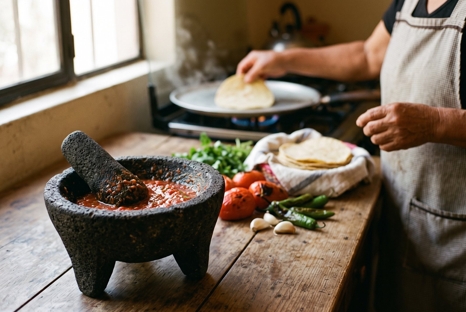 Molcajete tradicional de piedra volcánica con tejolote y salsa mexicana artesanal