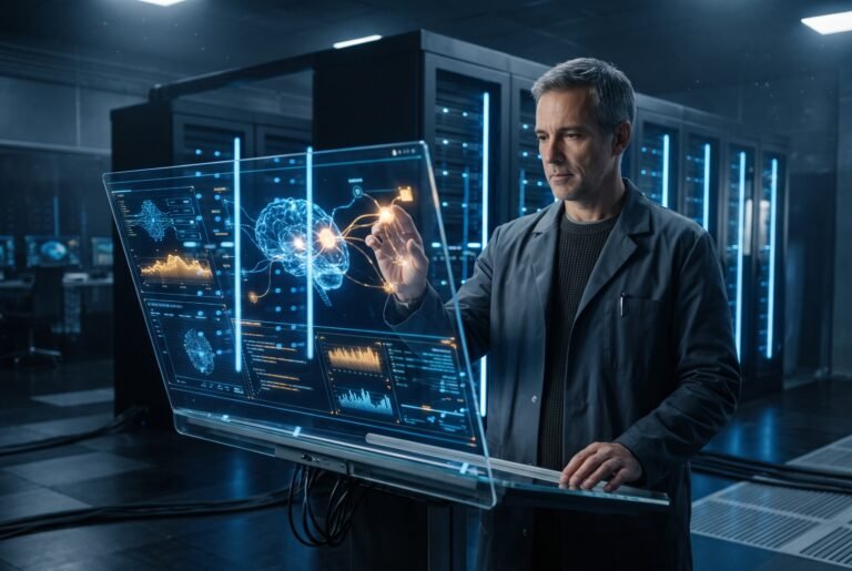Científico contemplando hologramas de datos generados por la supercomputadora Aurora