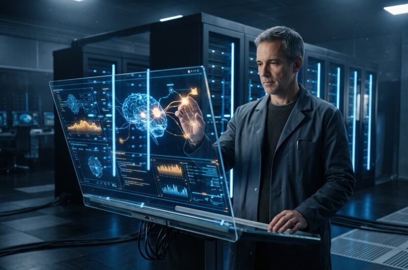 Científico contemplando hologramas de datos generados por la supercomputadora Aurora