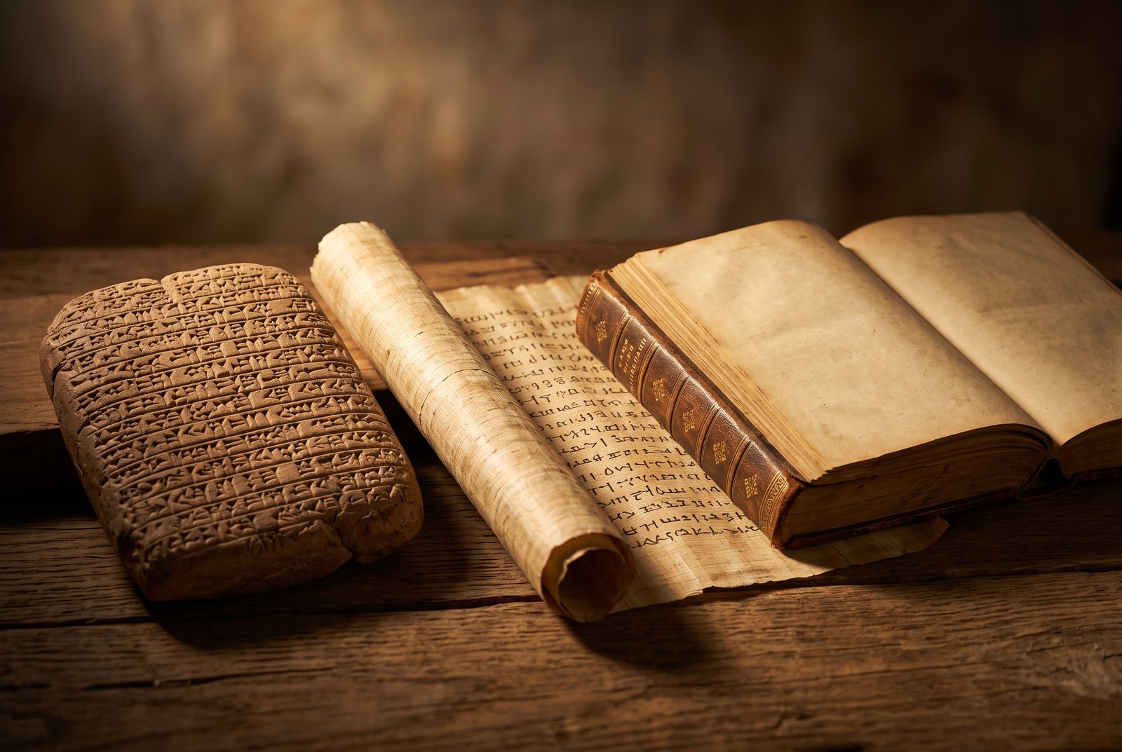 Bodegón con tablilla de arcilla cuneiforme, pergamino antiguo y libro abierto sobre madera que representa la comprensión lectora