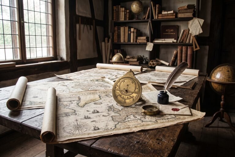 Mesa de trabajo histórica con mapas antiguos de la proyección de Mercator, astrolabio de latón y compás náutico.