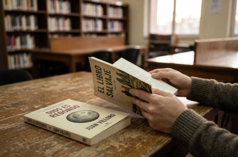 Primer plano de los célebres libros de Juan Villoro, "El libro salvaje" y "Dios es redondo", sostenidos y hojeados en una biblioteca al atardecer.