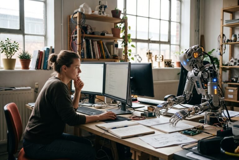 Una mujer sentada frente a su computadora en un taller colaborativo con un robot, representando la cooperación reflexiva entre el ser humano e inteligencia artificial.